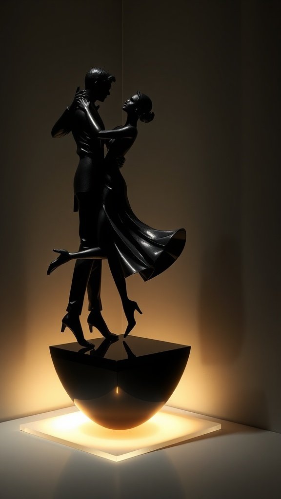 A black silhouette sculpture of a dancing couple, elegantly posed in a niche with soft lighting.