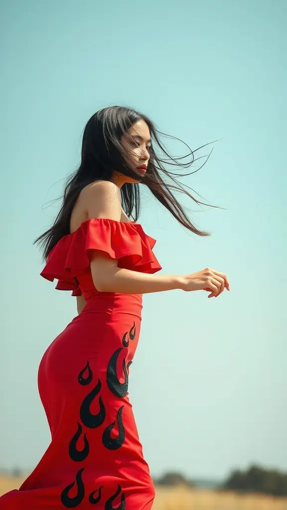 A woman in a red off-shoulder dress with black flame designs, standing in a field with a clear blue sky.