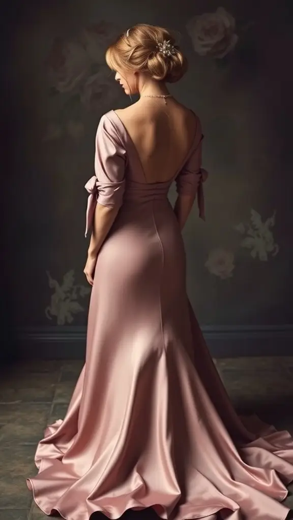 A bride wearing a blush gown with text on the back, standing by the water.