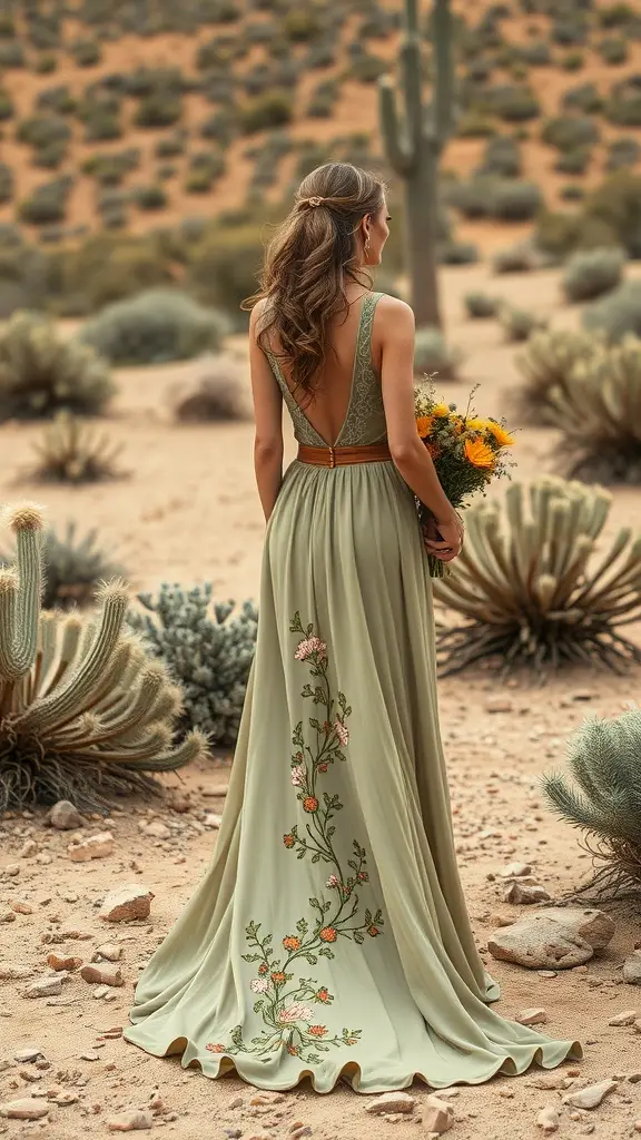 A bride in a muted green wedding dress with floral embroidery, standing in a desert landscape, holding a bouquet of yellow flowers.