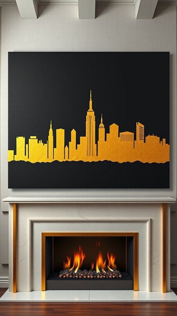 A gold foil skyline on a textured black canvas, displayed above a modern fireplace.