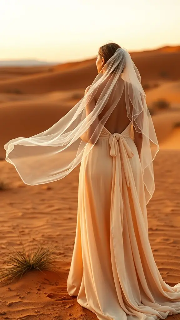 A bride in a flowing gown and veil stands in a desert at sunset, embodying a Star Wars-inspired wedding.