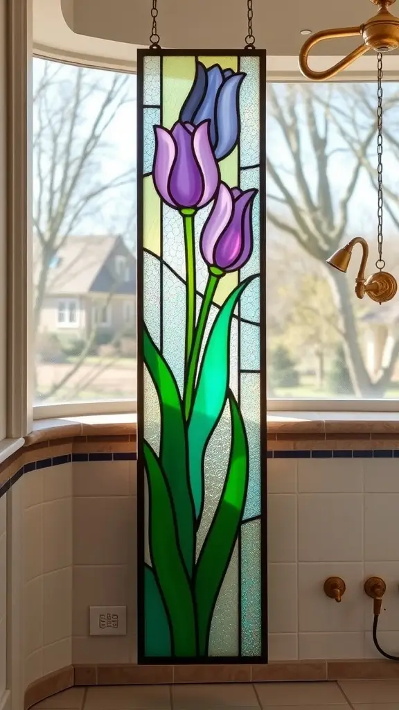 Tall stained glass panel featuring purple and green floral designs