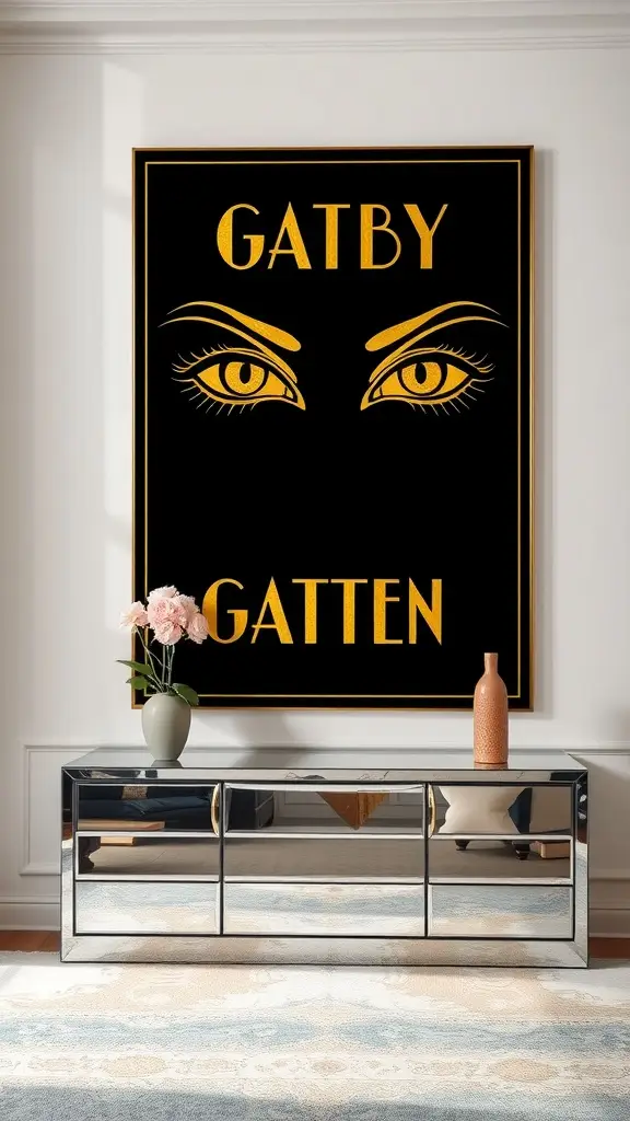A striking black poster featuring gold foil eyes and the text 'GATBY GATTEN.'