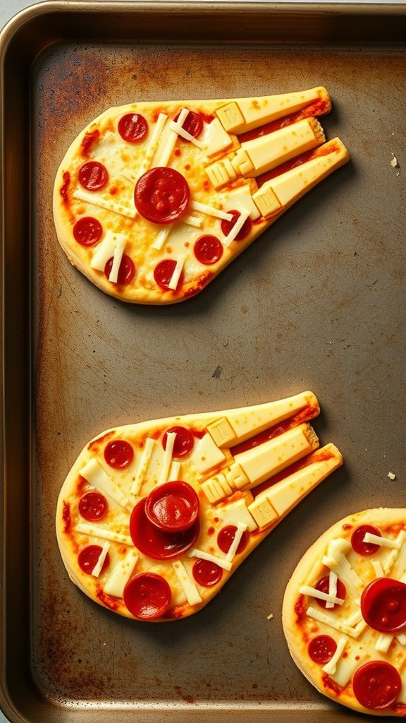 Mini pizzas shaped like the Millennium Falcon with cheese and pepperoni toppings.