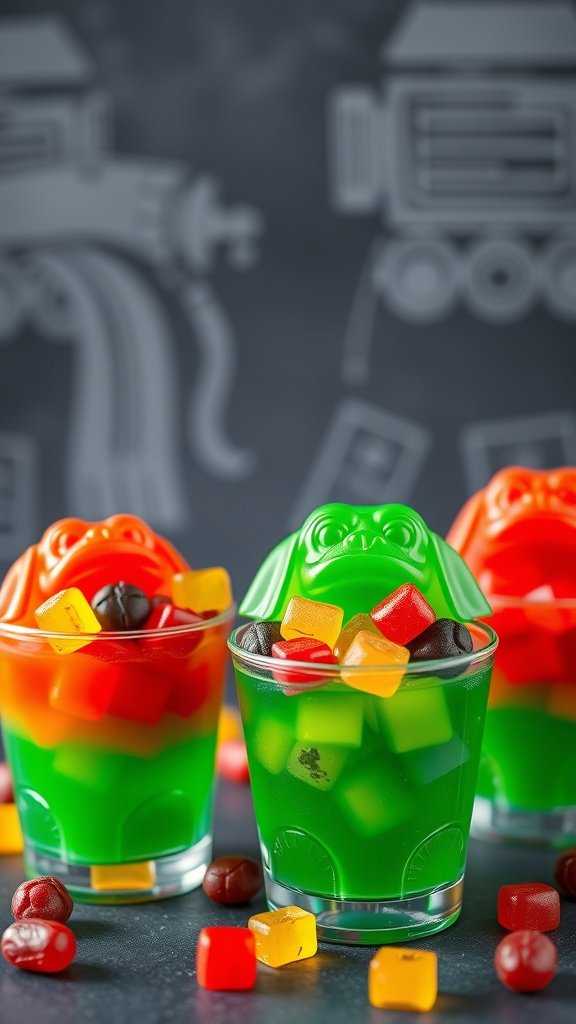 Colorful jelly cups inspired by Jabba the Hutt, featuring layers of jelly and gummy candies.