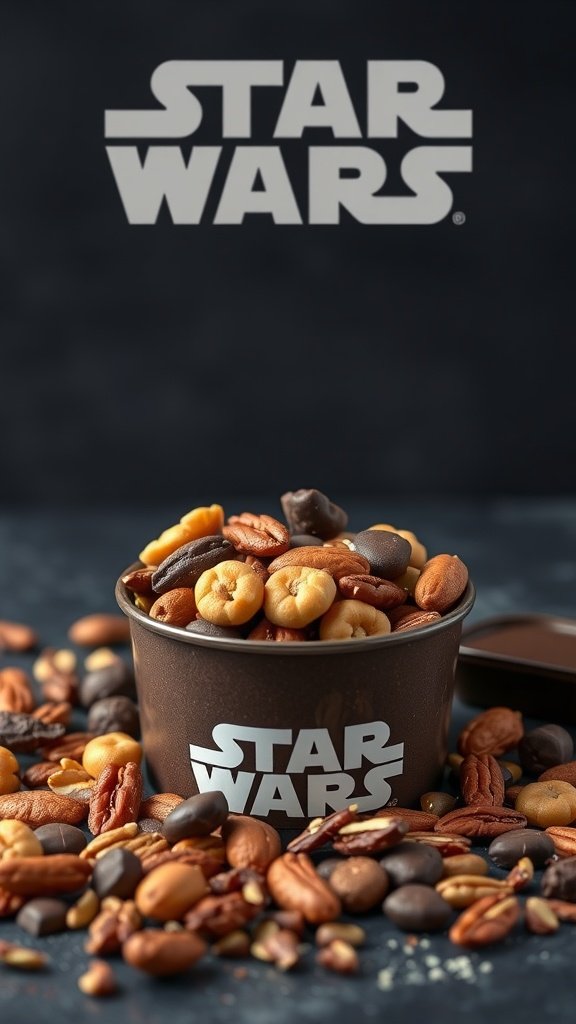 A bowl of Rebel Alliance Trail Mix with nuts, chocolate, and dried fruits