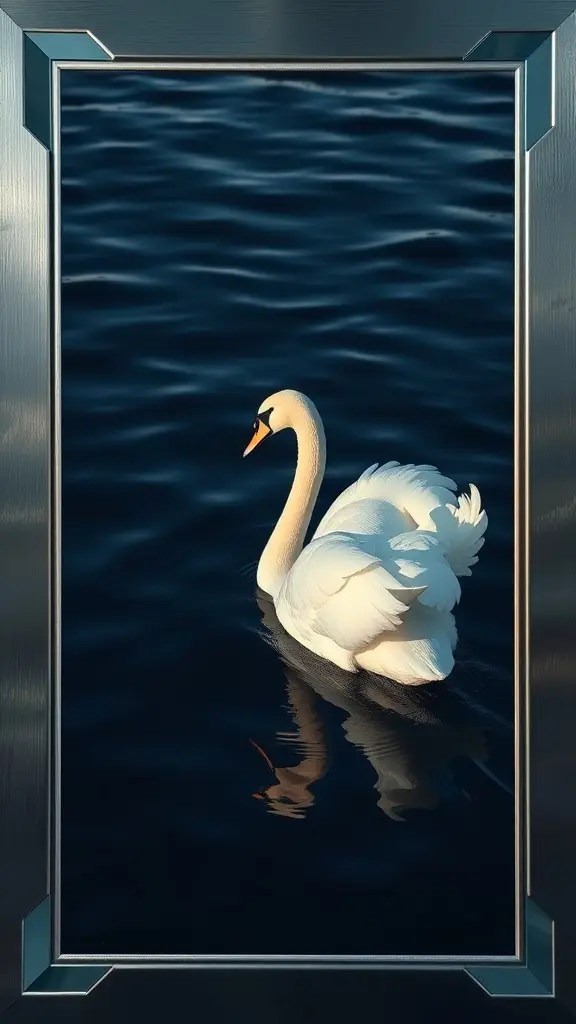 A stylized painting of a swan on a blue water background in a silver frame.