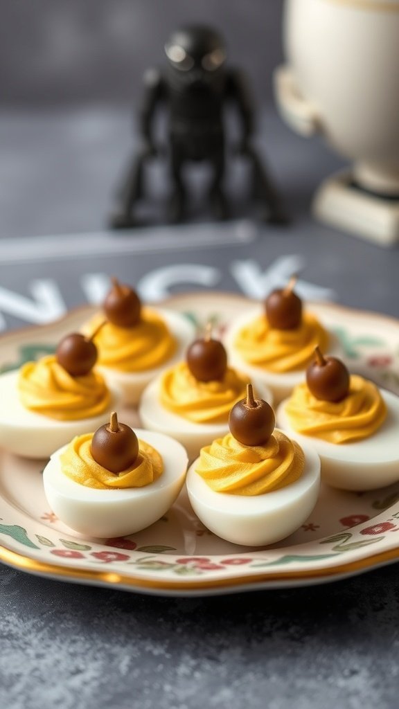 A plate of droid-themed deviled eggs decorated with chocolate candies and bell pepper antennae.