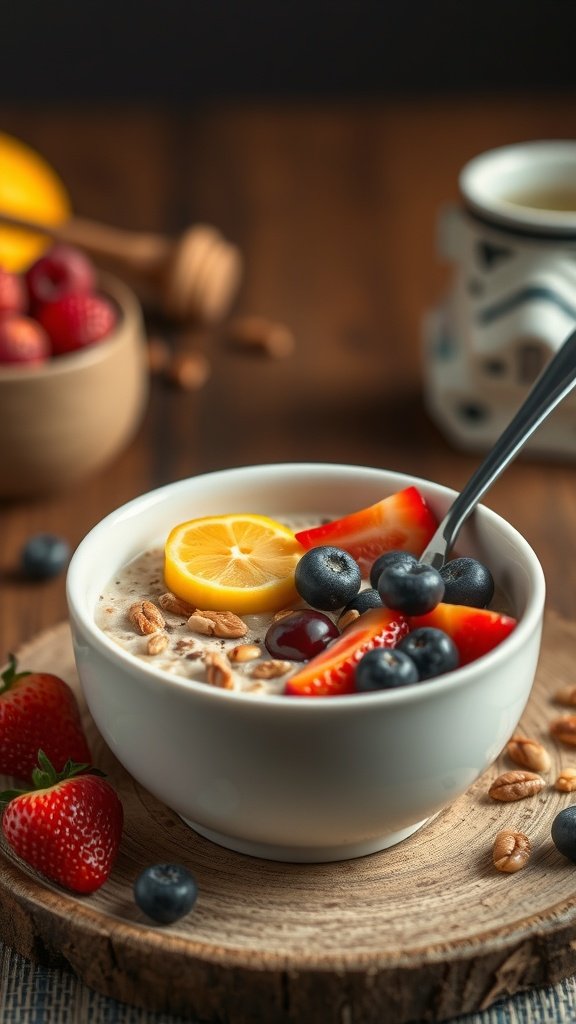 A bowl of honey nut oatmeal topped with fresh fruits and nuts