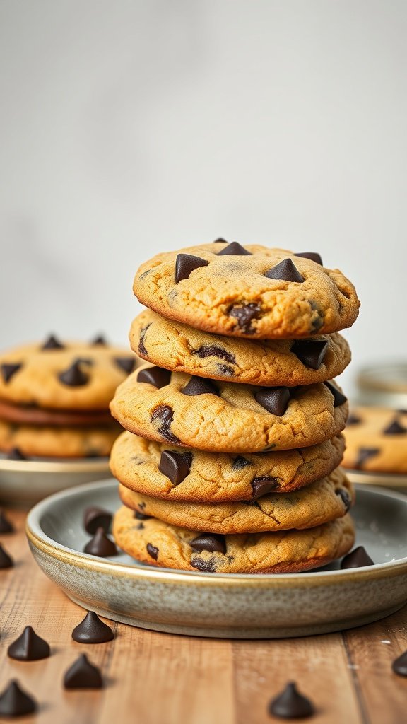 A stack of chocolate chip cookies on a plate