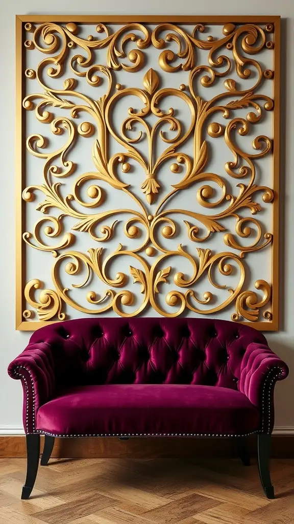 An ornate gold grille wall panel above a purple tufted sofa in a foyer