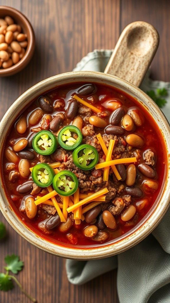 A bowl of hearty chili topped with cheese and jalapeños, surrounded by fresh ingredients.