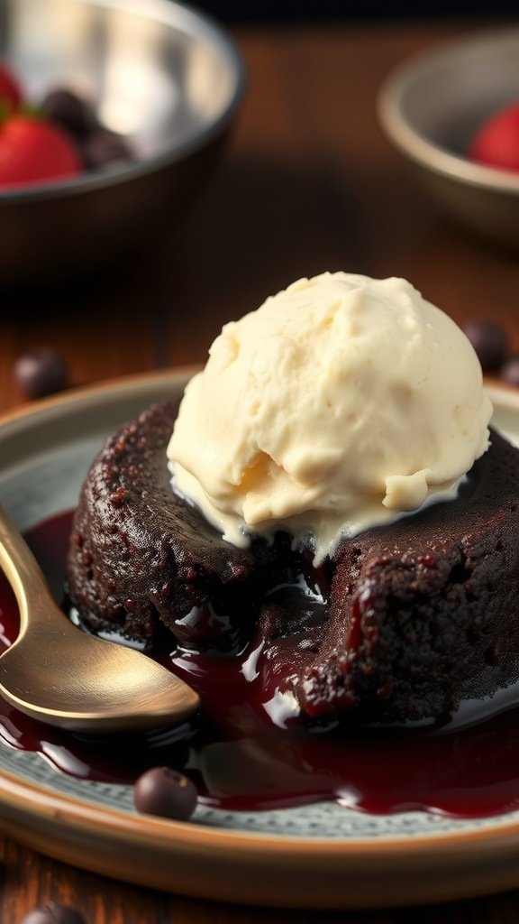 A decadent dark chocolate lava cake topped with vanilla ice cream, served on a plate.