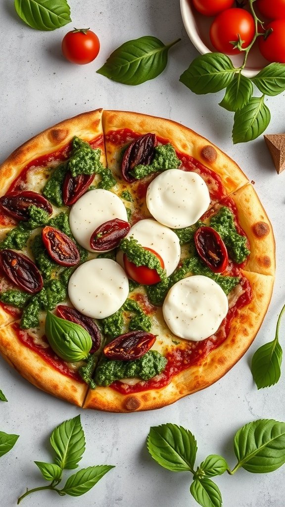 A delicious pesto pizza topped with mozzarella, cherry tomatoes, and fresh basil.