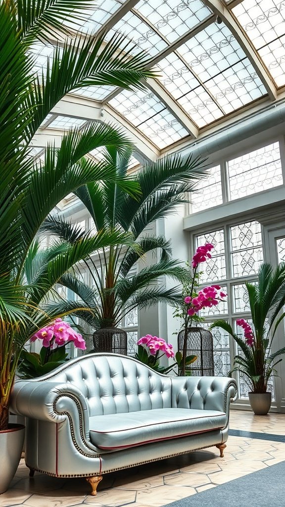A silver deco couch in a conservatory surrounded by lush plants and pink orchids.
