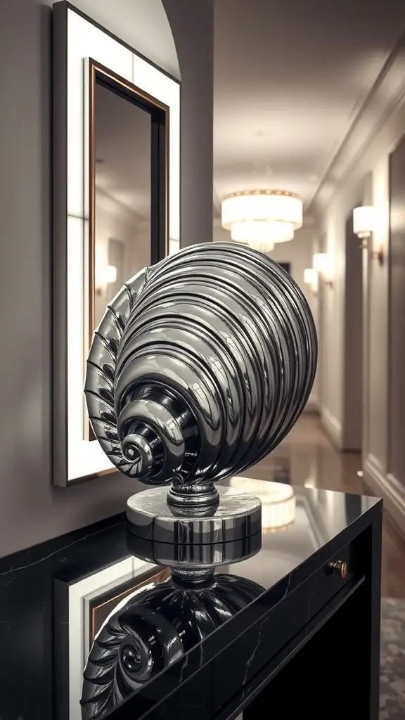 A polished silver spiral shell sculpture displayed on a dark console in a hallway.