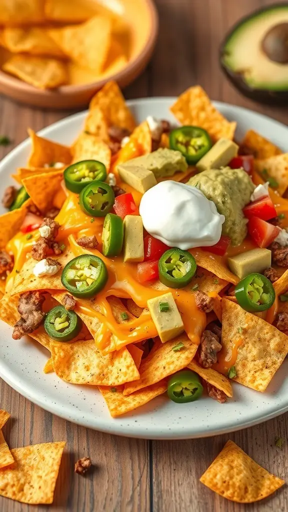 A plate of loaded nachos topped with cheese, ground beef, tomatoes, jalapeños, guacamole, and sour cream.