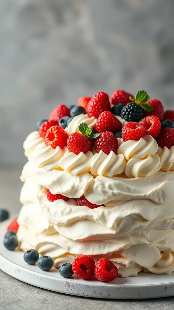 A beautiful Bespin Cloud Cake topped with whipped cream and fresh berries.