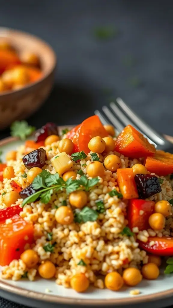 A vibrant bowl of Tusken Raider's Spicy Couscous Salad with colorful vegetables.