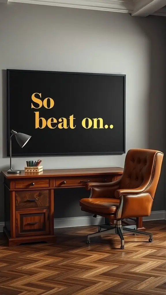 A stylish office with a wooden desk, leather chair, and a quote on the wall reading 'So beat on..'