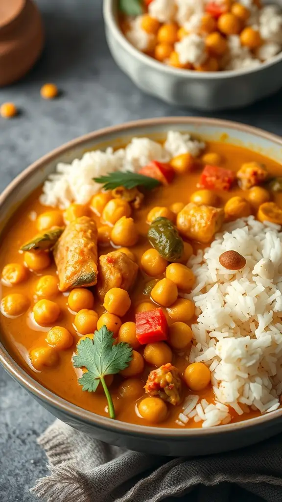 A bowl of C-3PO's Golden Curry with rice and chickpeas.