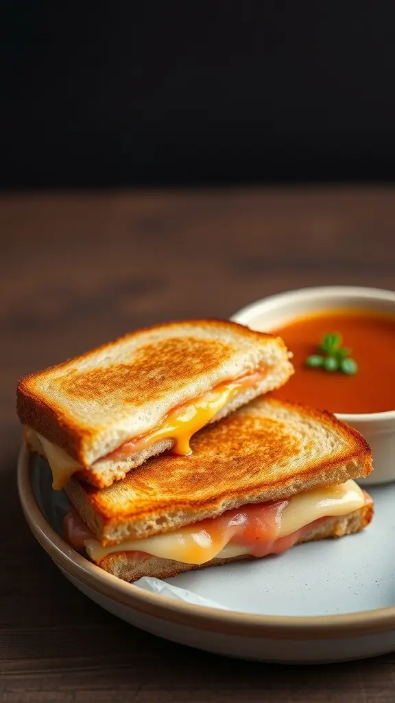A delicious grilled cheese sandwich with melted cheese and a bowl of tomato soup.