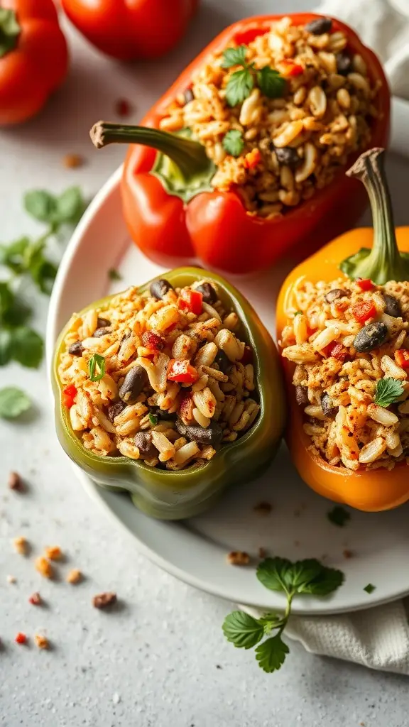Stuffed bell peppers filled with rice, beans, and spices, garnished with cilantro.