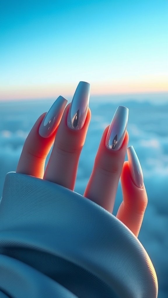 Nail art inspired by Cloud City from Star Wars, featuring pastel colors and a glossy finish.