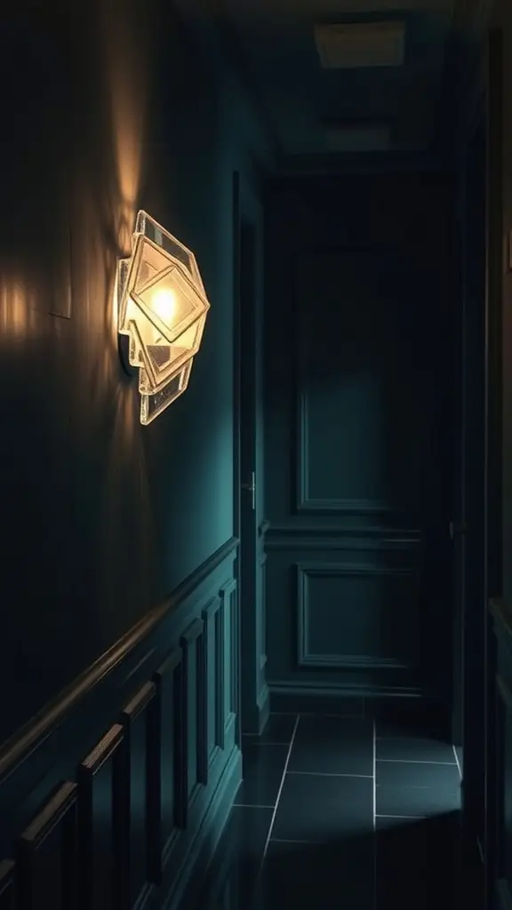 A stylish angled glass wall sconce illuminating a dark hallway with rich wall paneling.