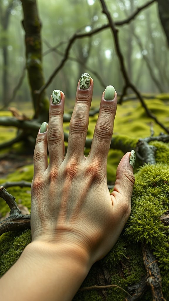 Nail art inspired by Dagobah with green base and mossy designs