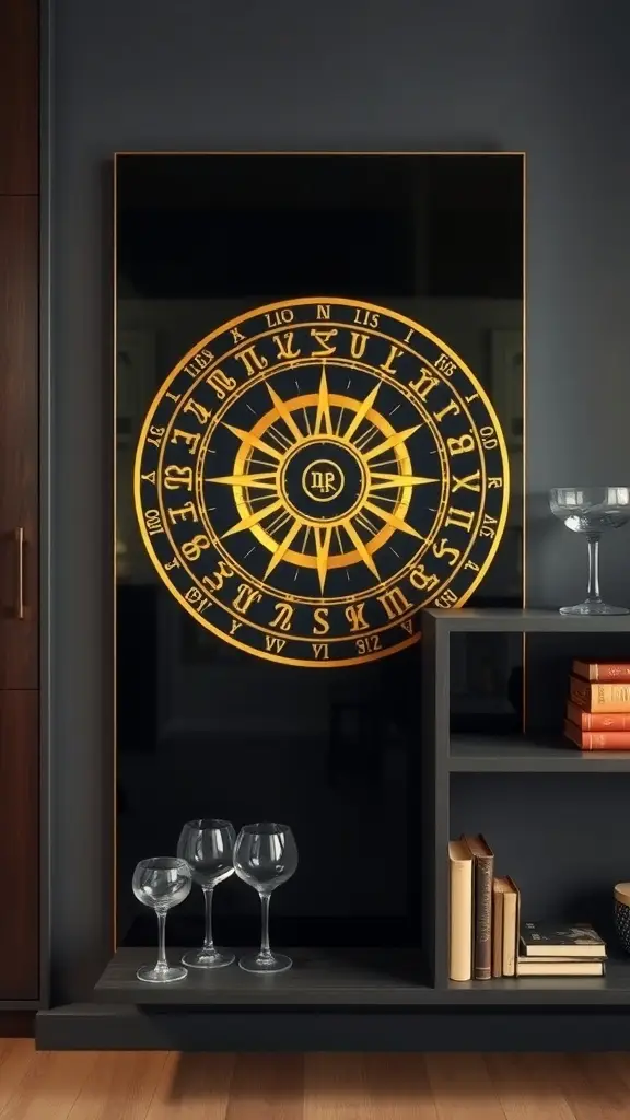 Art Deco Zodiac Wheel on a Black Lacquer Panel
