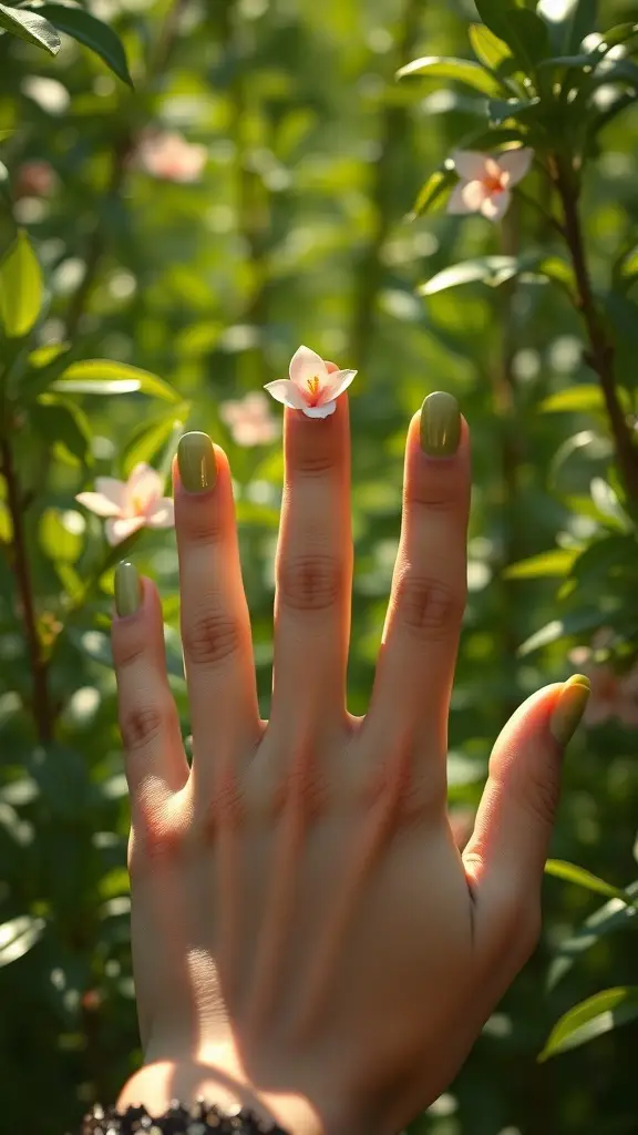 A hand with green nails holding a small pink flower among green foliage.