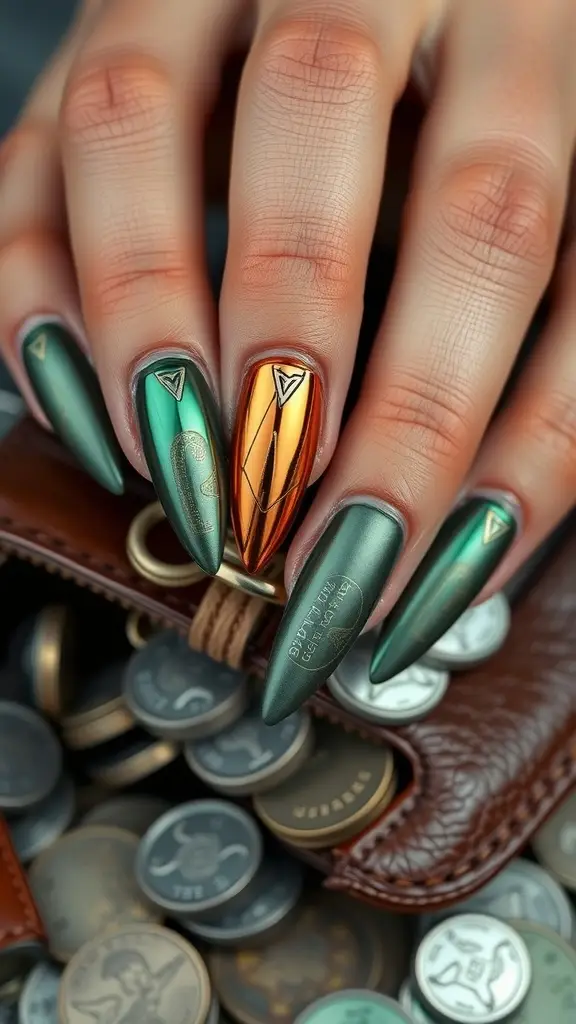 Nail art inspired by Star Wars featuring green and metallic orange colors with geometric designs.