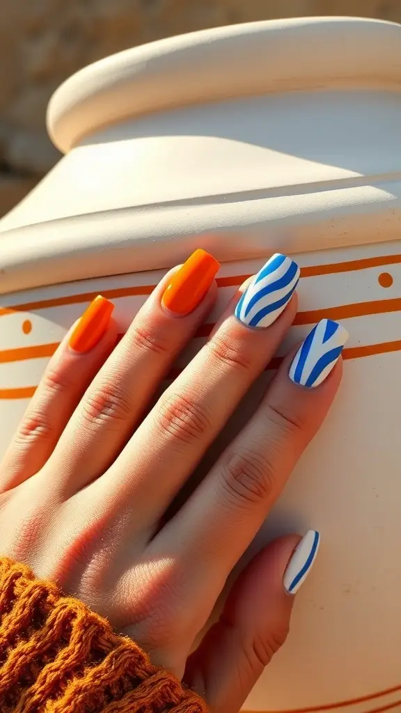 Nail art inspired by Togruta characters from Star Wars, featuring orange and blue colors with stripes.