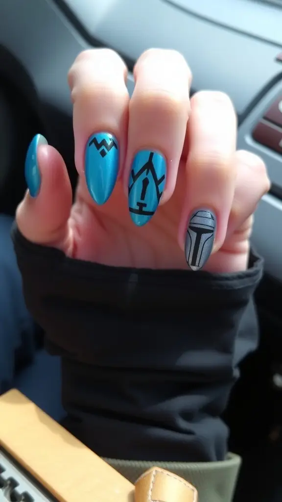 Nail art inspired by Bo-Katan Kryze from Star Wars, featuring blue nails with black Mandalorian symbols.