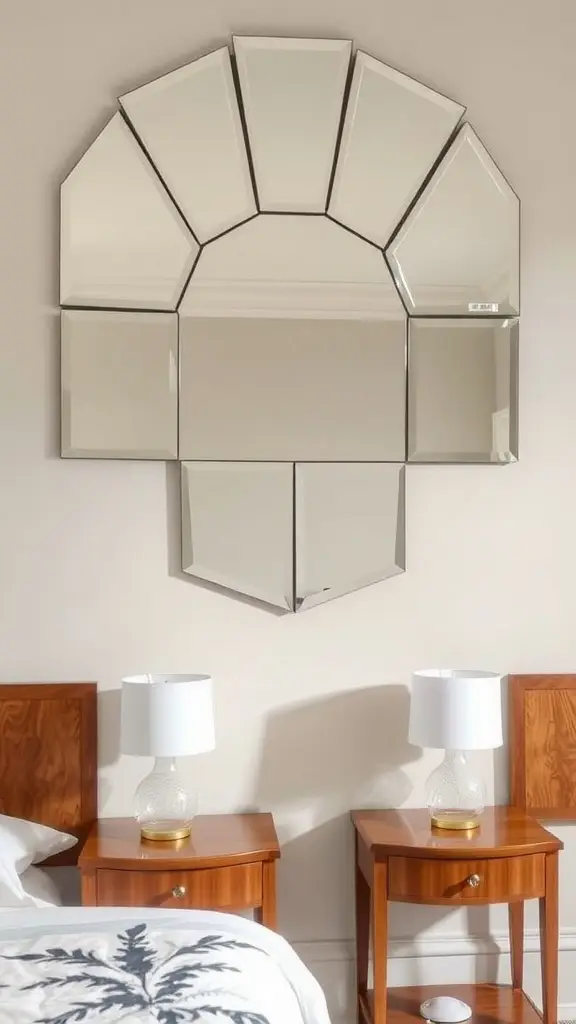Gold trapezoid mirror cluster above wooden bedside tables with lamps