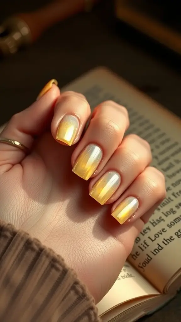 Nail art featuring a gradient of gold and silver colors, inspired by the Jedi Temple.