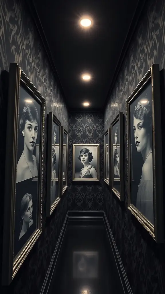 Gallery wall featuring vintage black-and-white portraits of women in elegant frames, set in a dark hallway.