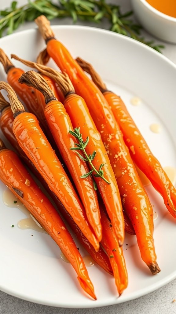Honey glazed carrots with thyme on a white plate