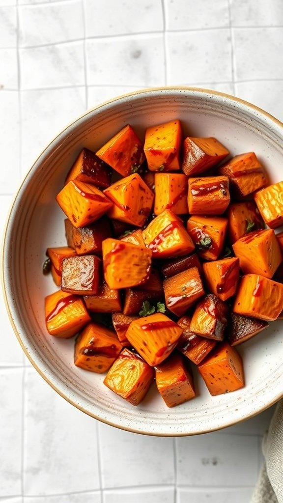 A bowl of maple balsamic roasted sweet potatoes, beautifully caramelized and garnished with parsley.