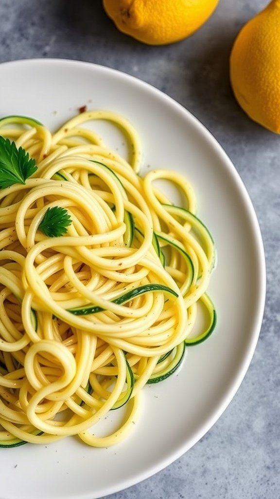 A plate of lemon zucchini noodles garnished with parsley, with lemons in the background.