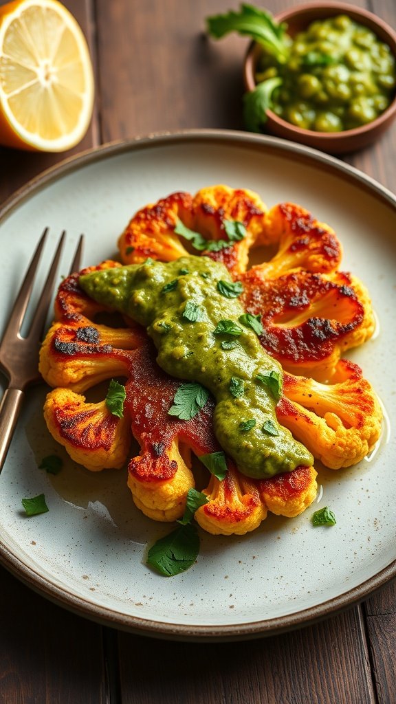 Roasted cauliflower steaks topped with chimichurri sauce on a plate