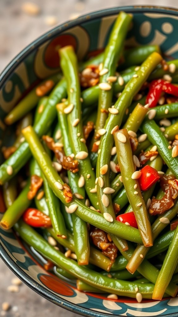 A bowl of Spicy Szechuan Green Beans garnished with sesame seeds and red peppers.