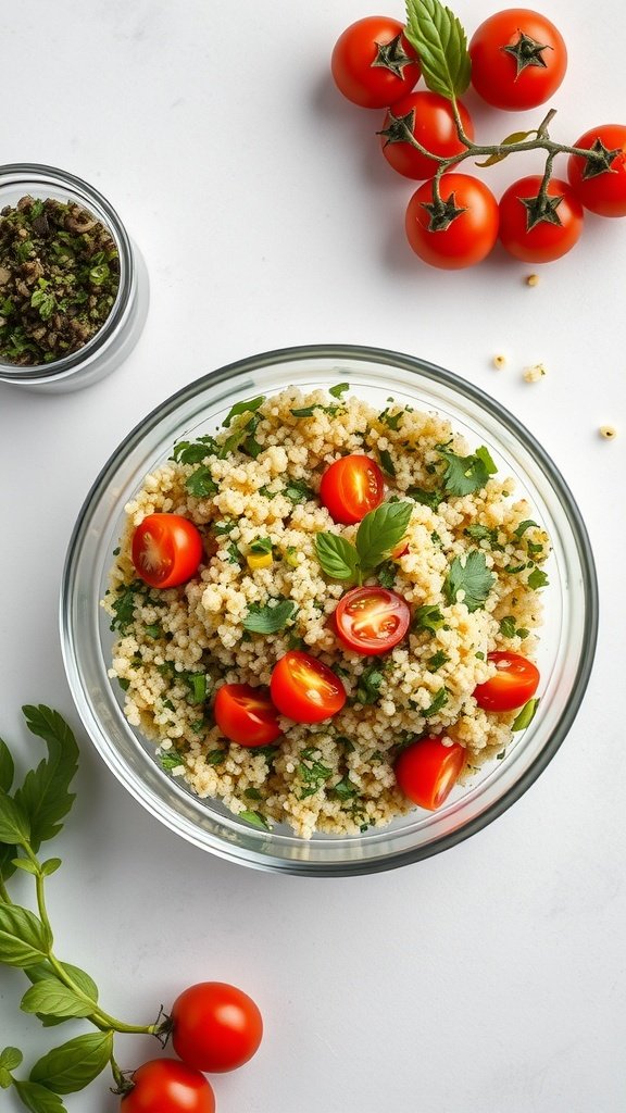A bowl of herbed quinoa salad with cherry tomatoes, surrounded by fresh herbs and tomatoes.