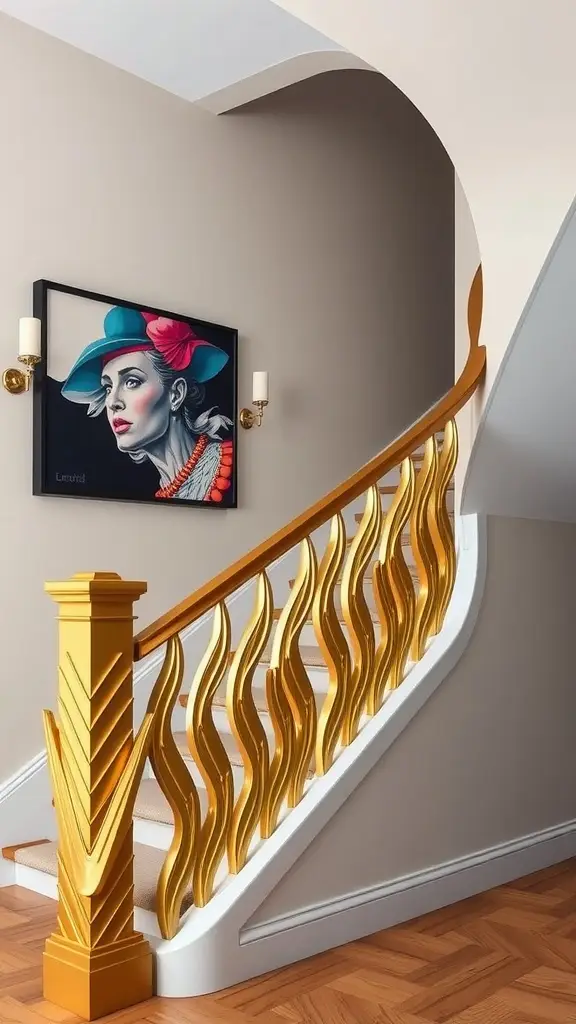 A luxurious gold staircase railing sculpture with elegant curves beside a portrait on the wall.