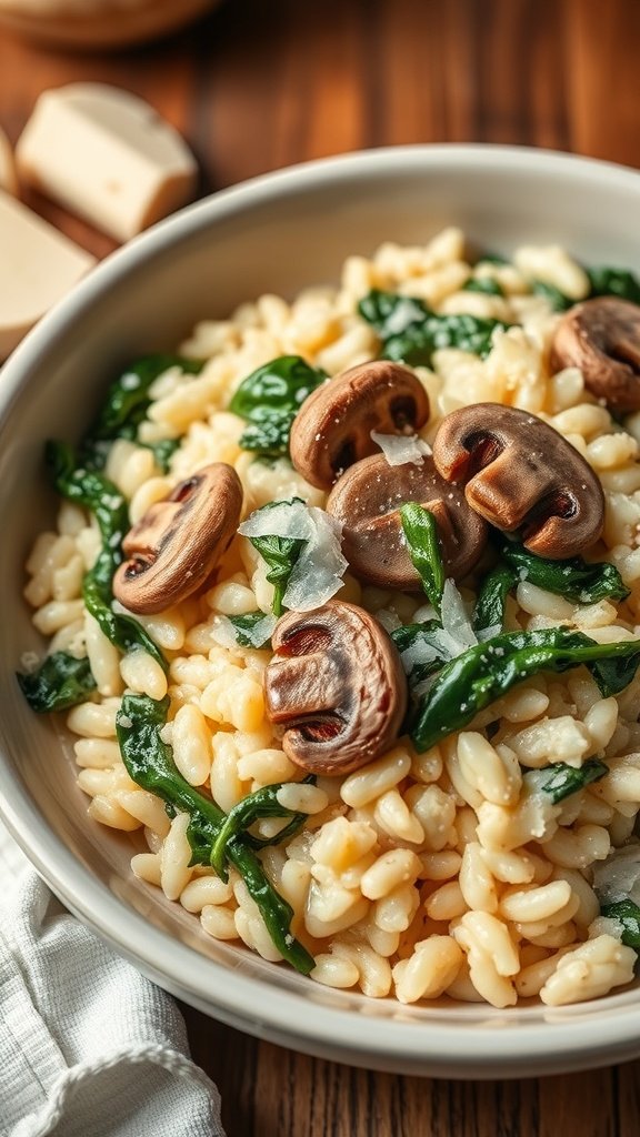 A bowl of creamy mushroom and spinach risotto topped with sliced mushrooms and spinach leaves.