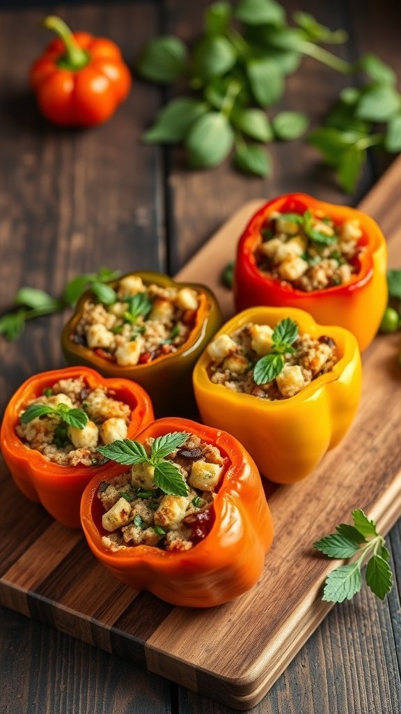 Colorful Mediterranean stuffed bell peppers on a wooden board