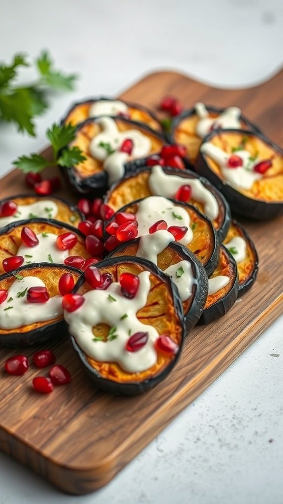 Spiced roasted eggplant slices topped with tahini sauce and pomegranate seeds on a wooden platter.