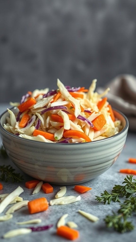 A bowl of classic coleslaw with shredded cabbage and carrots topped with apple cider dressing.